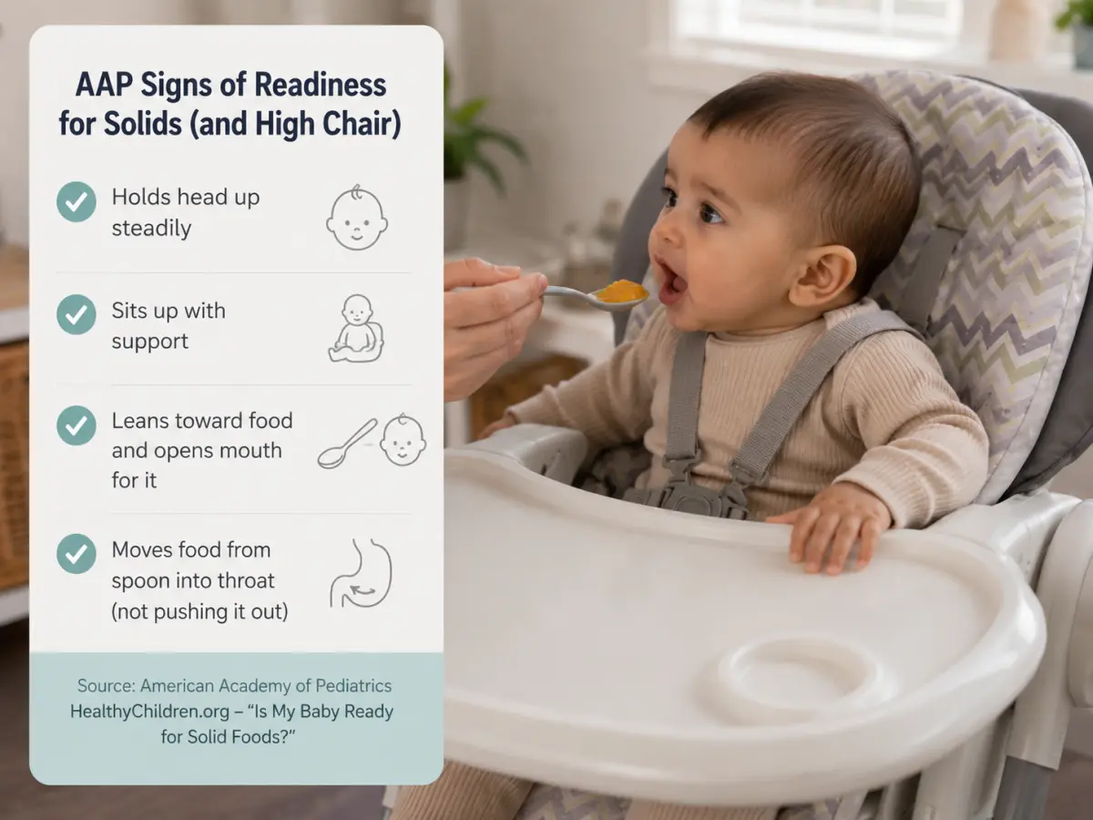 A baby sitting with support in a high chair around six months, showing the head control that decides when a baby can use a high chair
