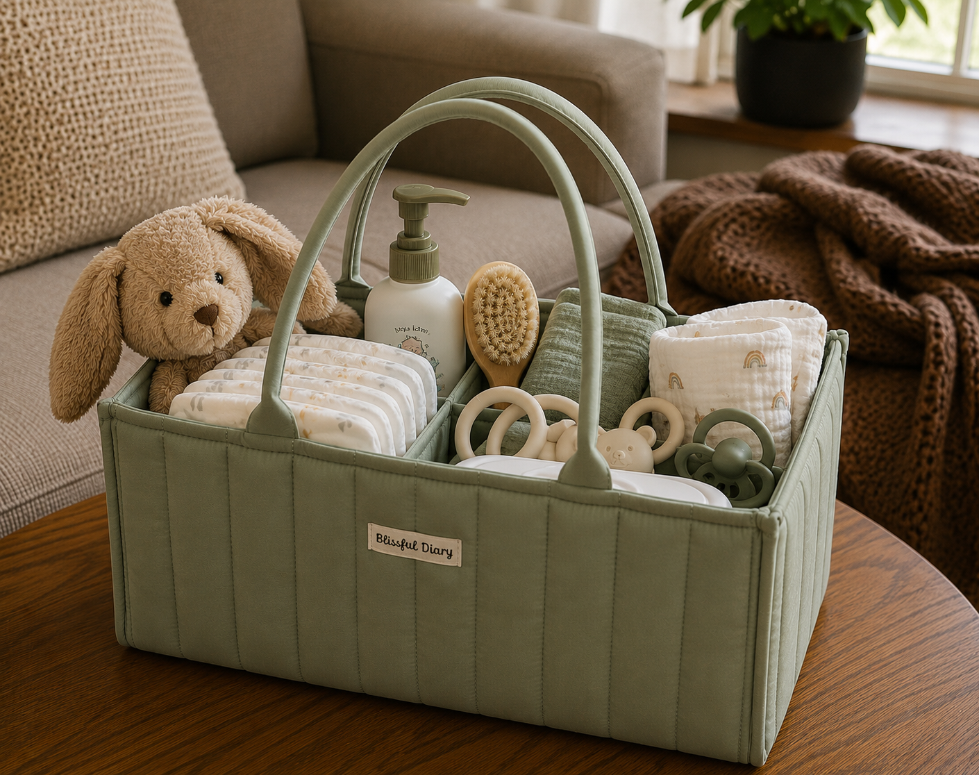 A stocked Blissful Diary diaper caddy on our living room table, original photo