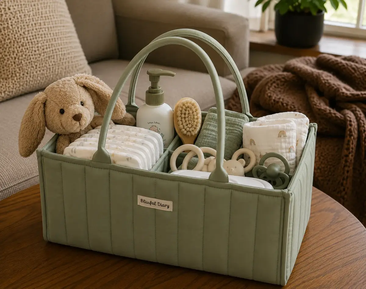 A stocked Blissful Diary diaper caddy on our living room table, original photo