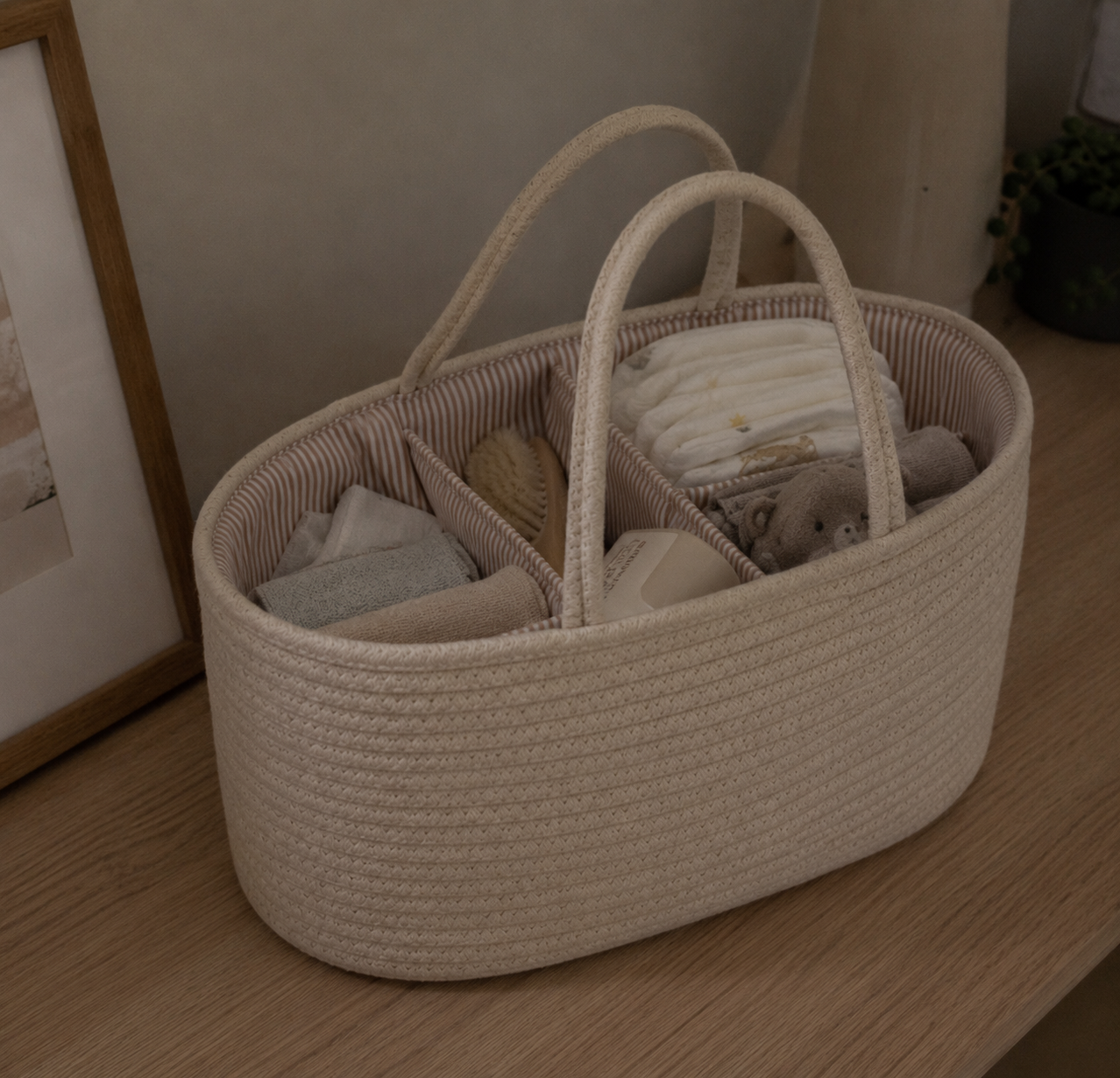 The bohemian rope caddy on our nursery shelf, original photo