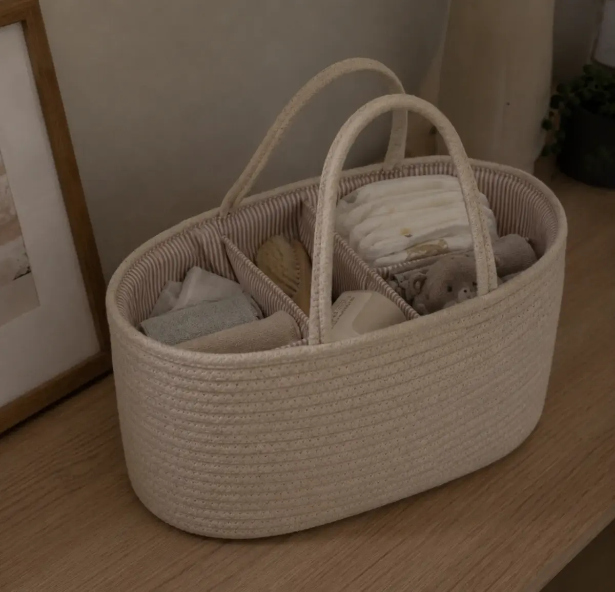 The bohemian rope caddy on our nursery shelf, original photo