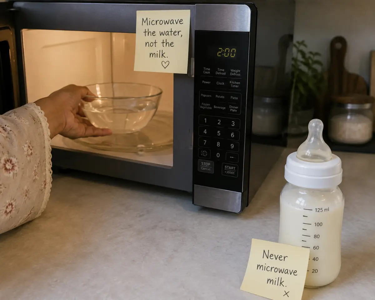 A sealed baby bottle standing in a mug of warm water, the warm-water bath method