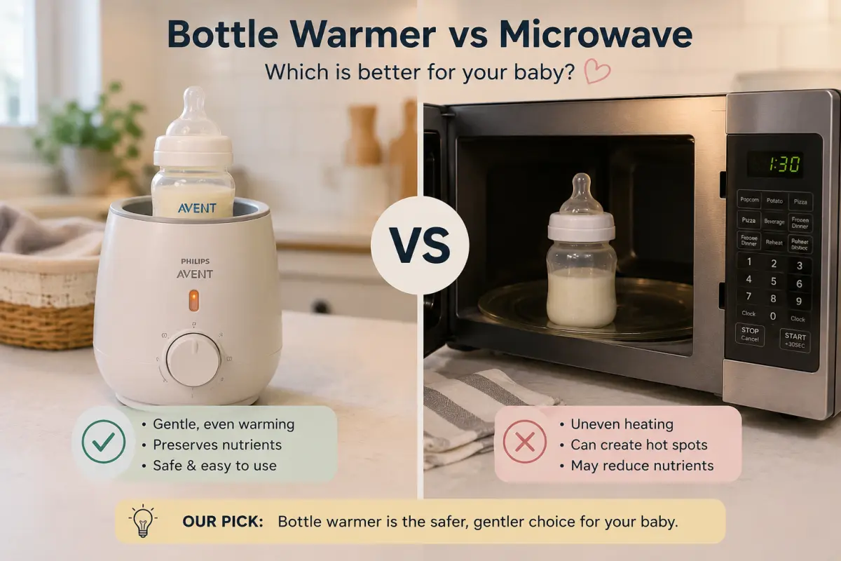 Our bottle warmer on the counter beside the microwave, the two options side by side