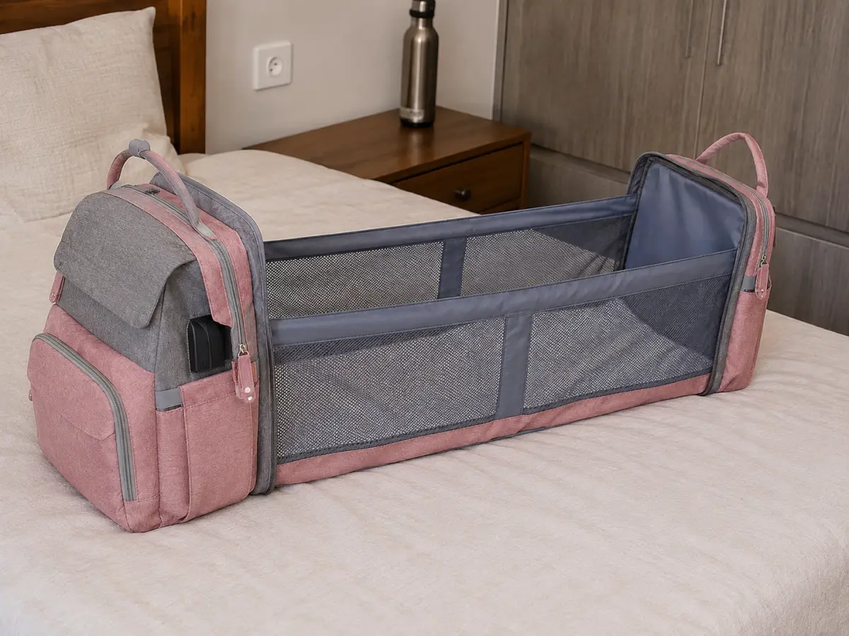 The DERJUNSTAR diaper bag opened into its changing station with the privacy shade up