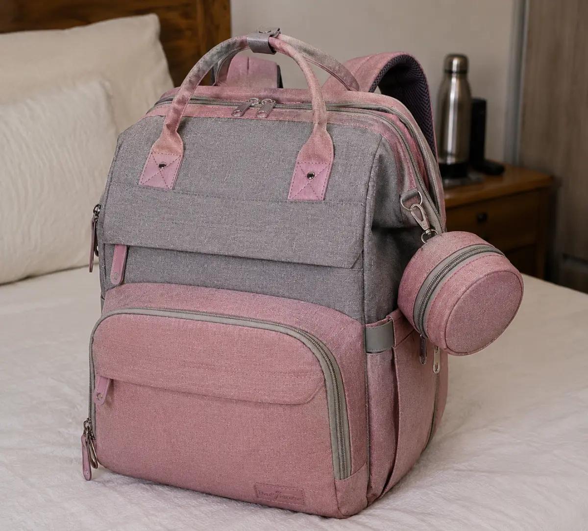 Our DERJUNSTAR diaper bag backpack in olive green, packed for a travel day, original photo