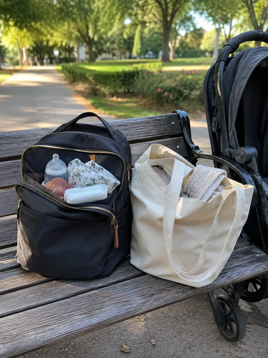 A diaper bag backpack worn while pushing a stroller, the hands-free carry that makes a backpack the default choice