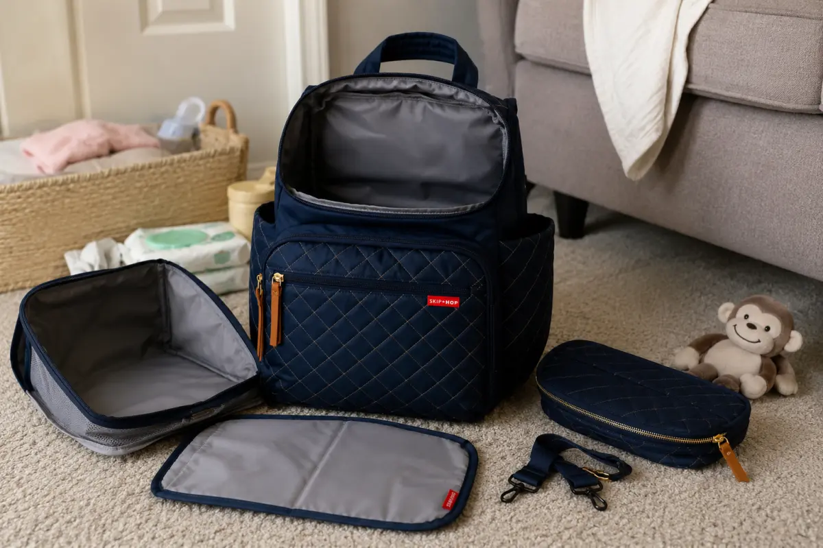 A diaper bag emptied out with every pocket unzipped before cleaning, original photo