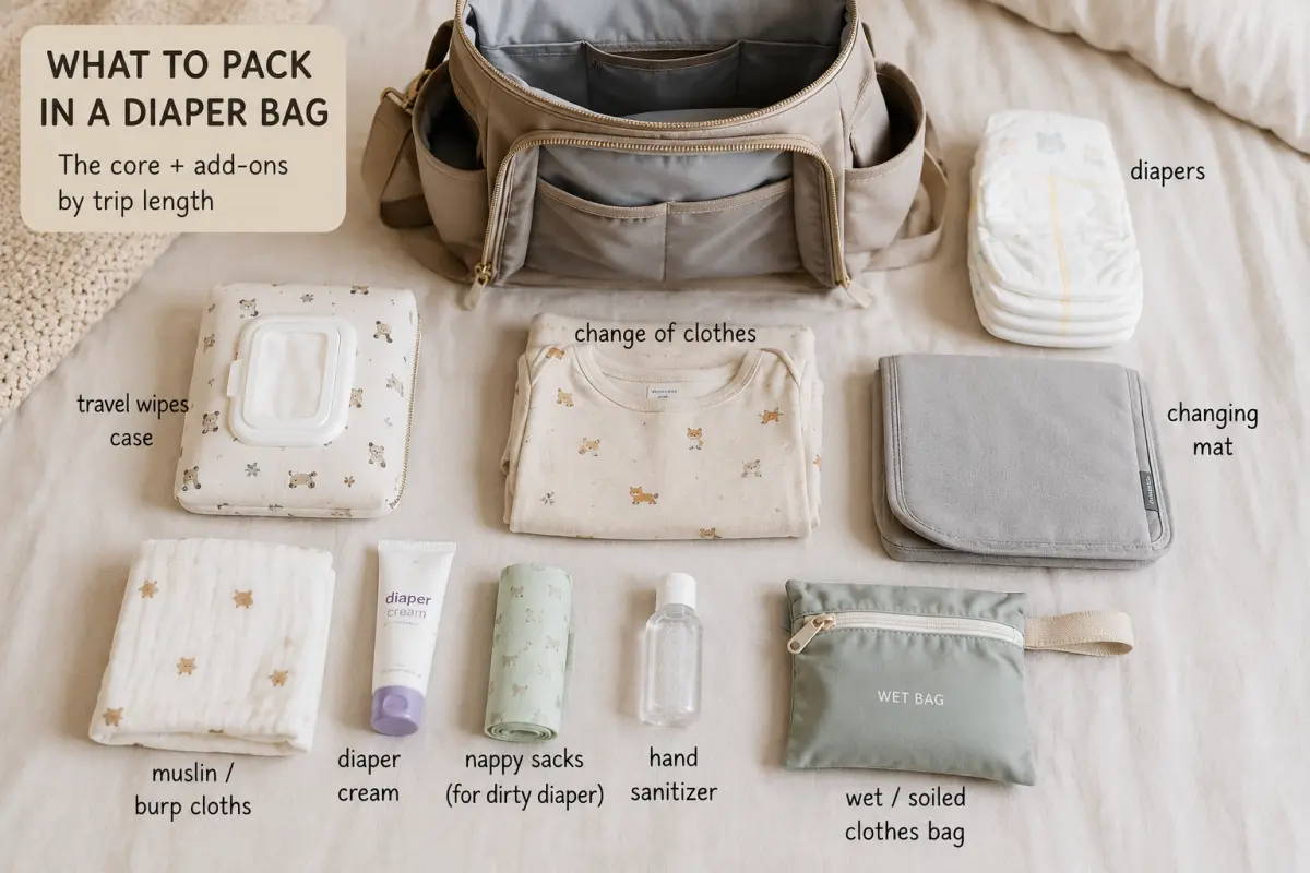 A diaper bag packed with the core list laid out, showing diapers, wipes, changing mat and a change of clothes