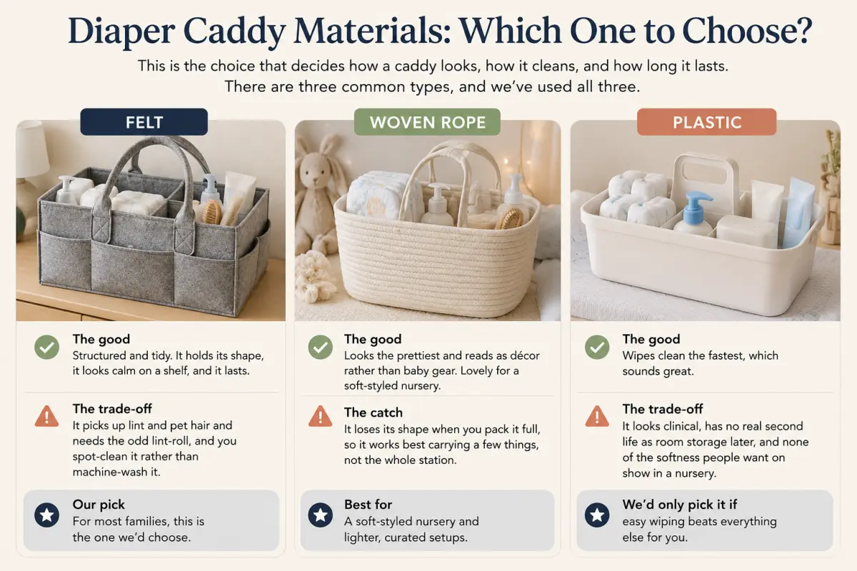Felt and woven rope diaper caddies side by side, showing the two main materials