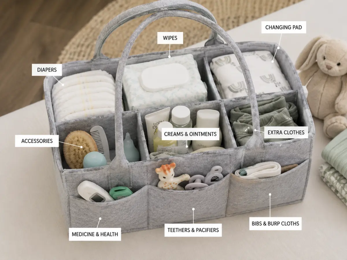 Diapers standing upright in the main compartment of an organized diaper caddy, sorted by the divider