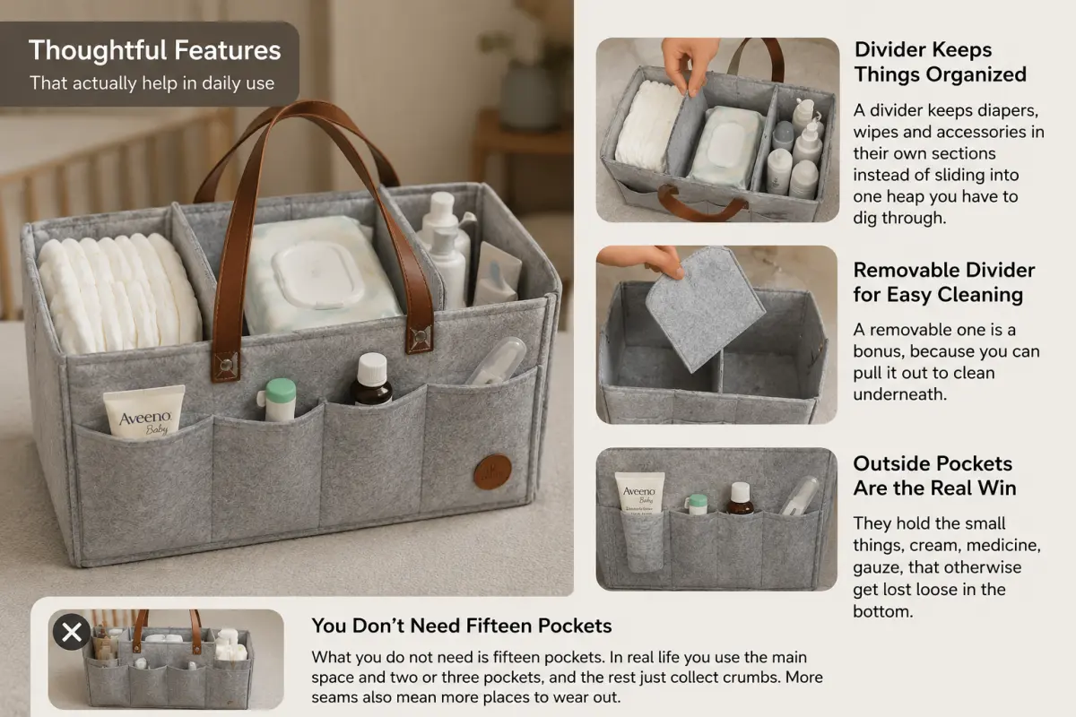 The outside pockets of a diaper caddy holding cream and small items, kept out of the main compartment