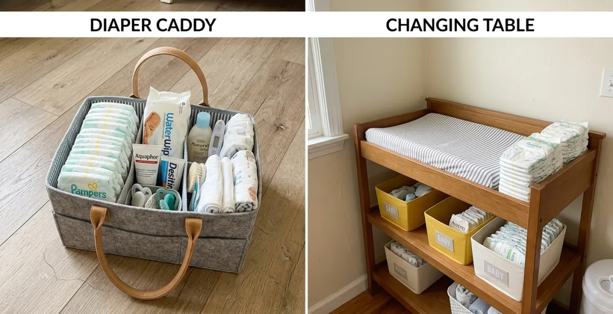 A packed felt diaper caddy on the left and a stocked wooden changing table with storage baskets on the right, the two setups side by side