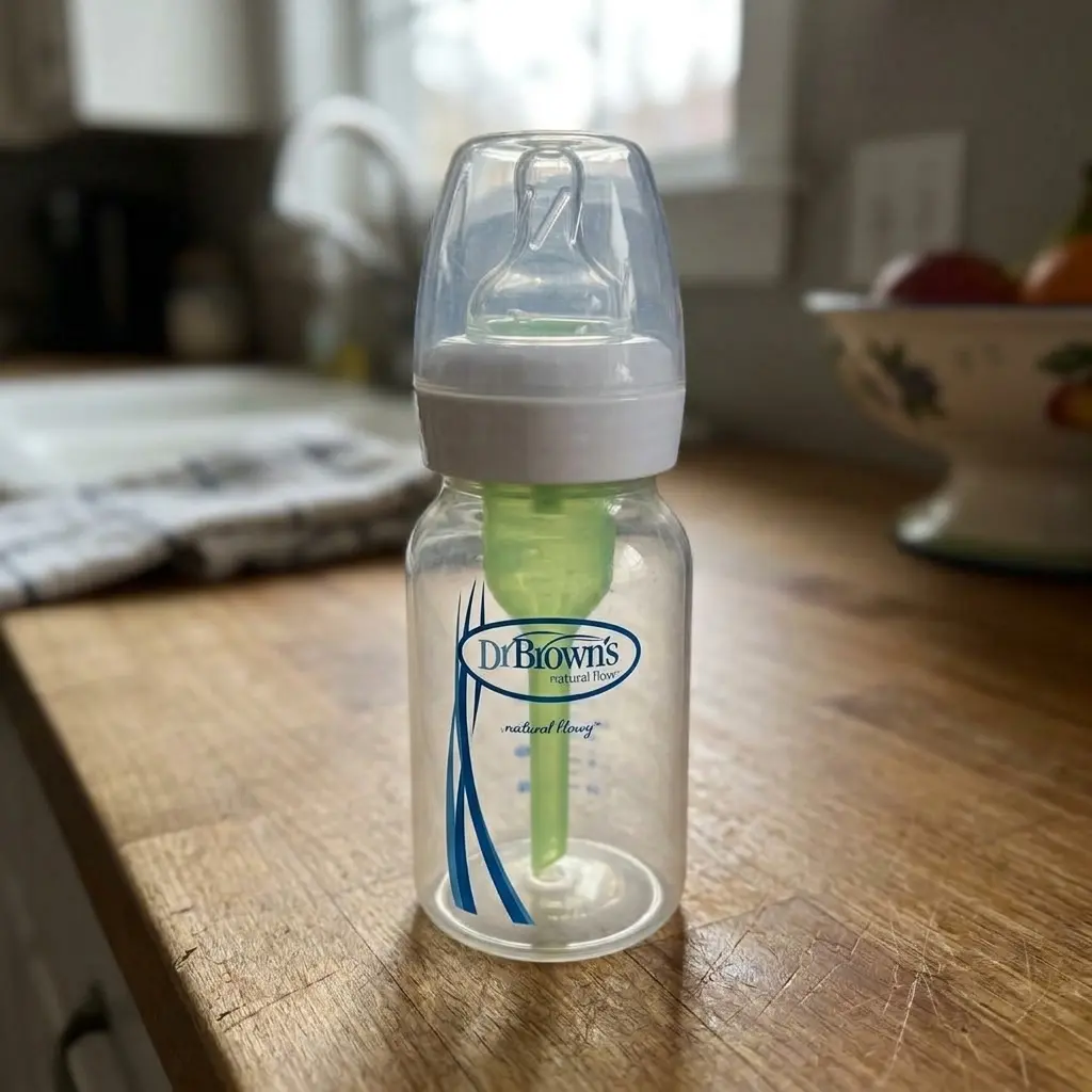 Our Dr. Brown's Options+ narrow plastic bottle with its green internal vent, on the kitchen counter, original photo