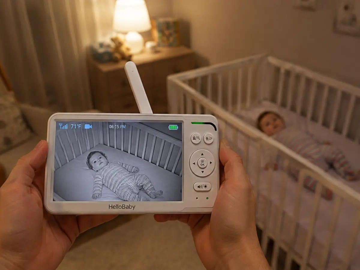 The HelloBaby HB6560 handheld unit and one of its two cameras, original photo