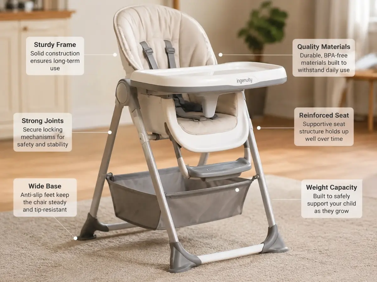 A close look at a high chair frame joint and seat, checking build quality