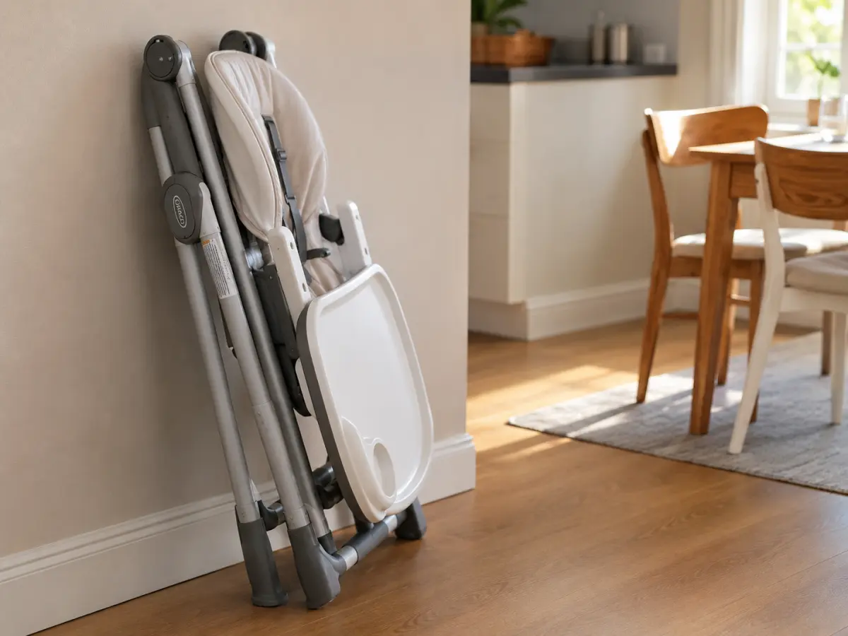 A high chair folded for storage, showing whether it folds flat or just narrow