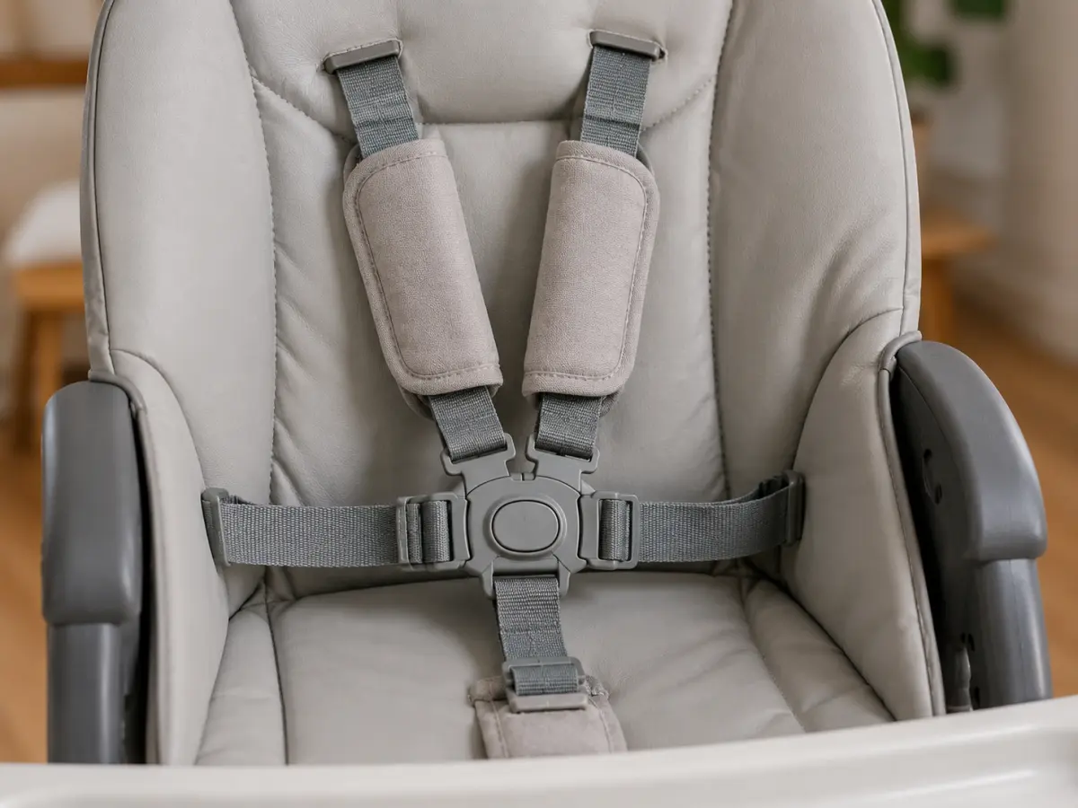 Close-up of a high chair harness and buckle