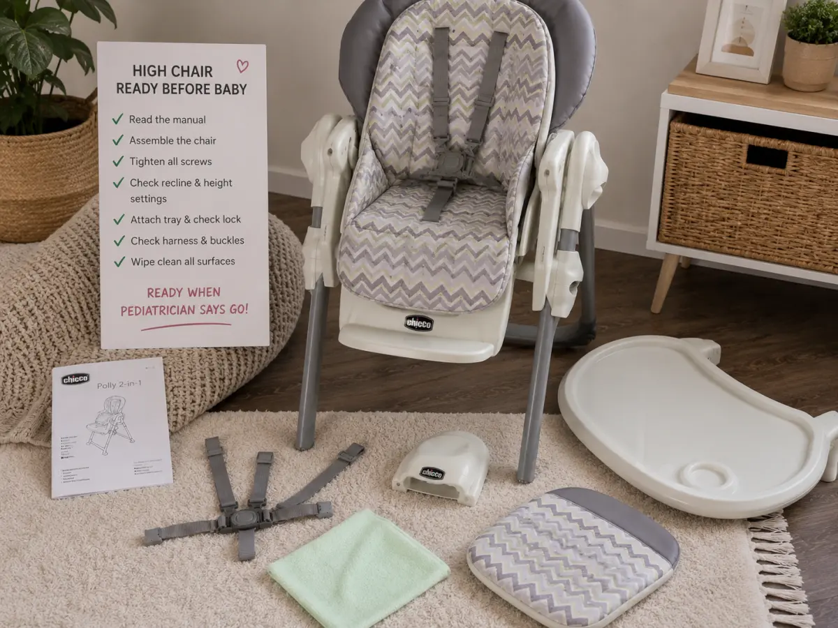 A high chair set up and wiped down by the table, ready before the baby is old enough to use it