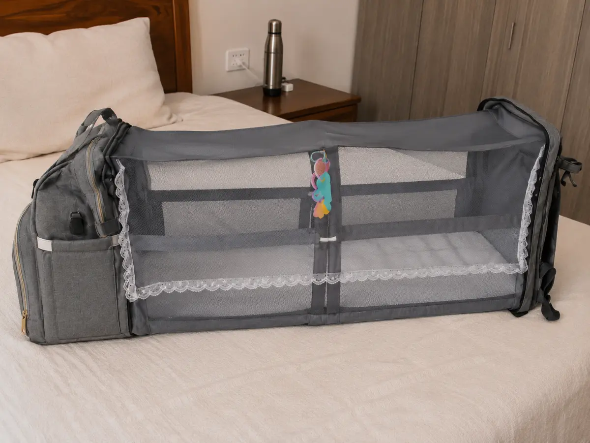 The Houscly diaper bag opened into its changing station with the sunshade net fitted, showing how much cover it gives compared with a privacy shade