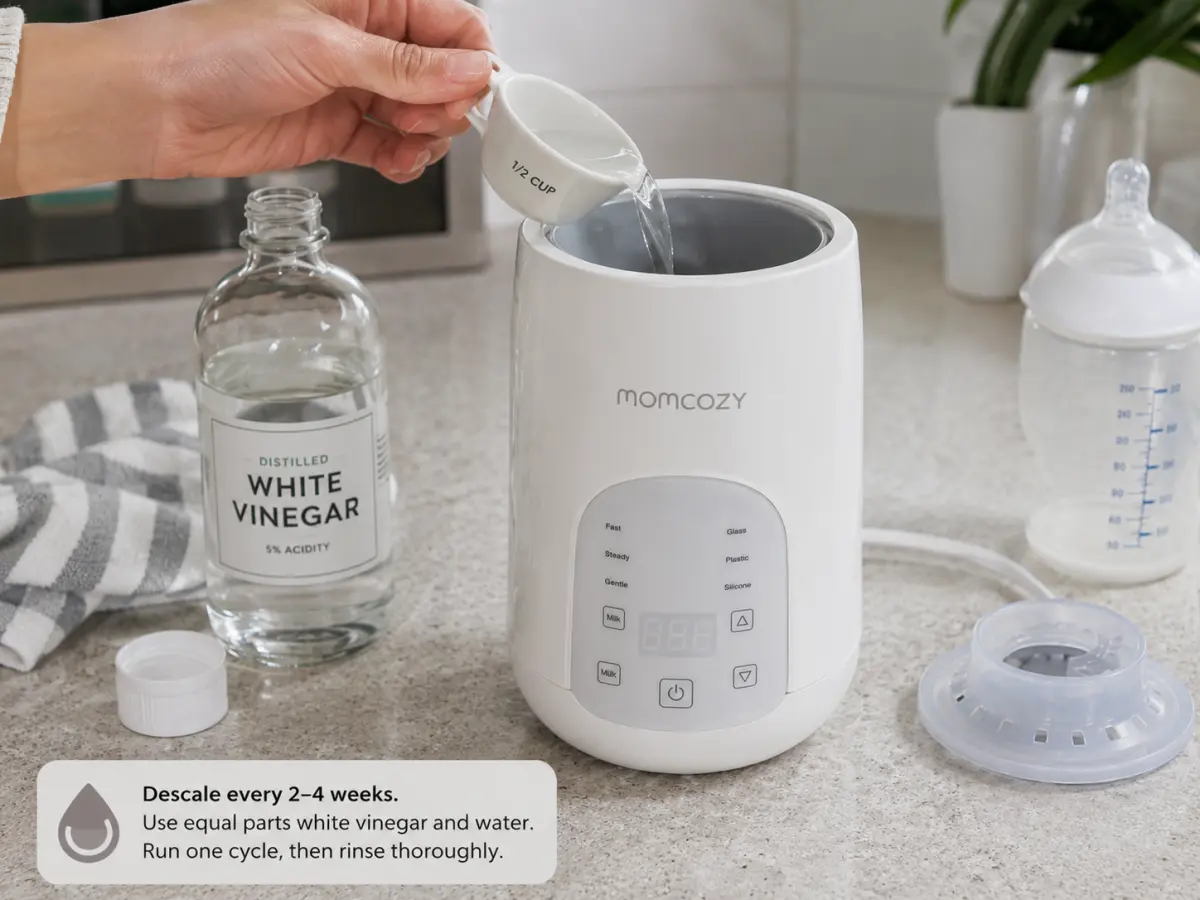 Descaling a bottle warmer with a vinegar and water solution in the chamber