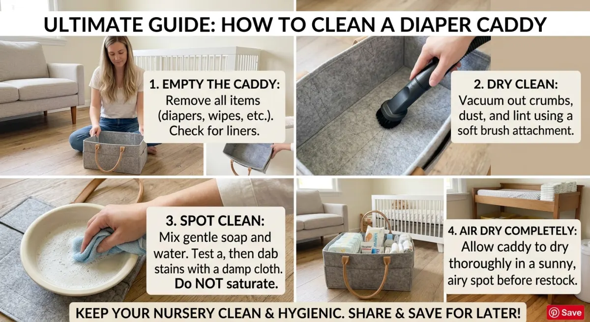 Four steps for cleaning a felt diaper caddy: empty it, vacuum out the crumbs with a soft brush, spot clean stains with a damp cloth, then air dry it fully before restocking