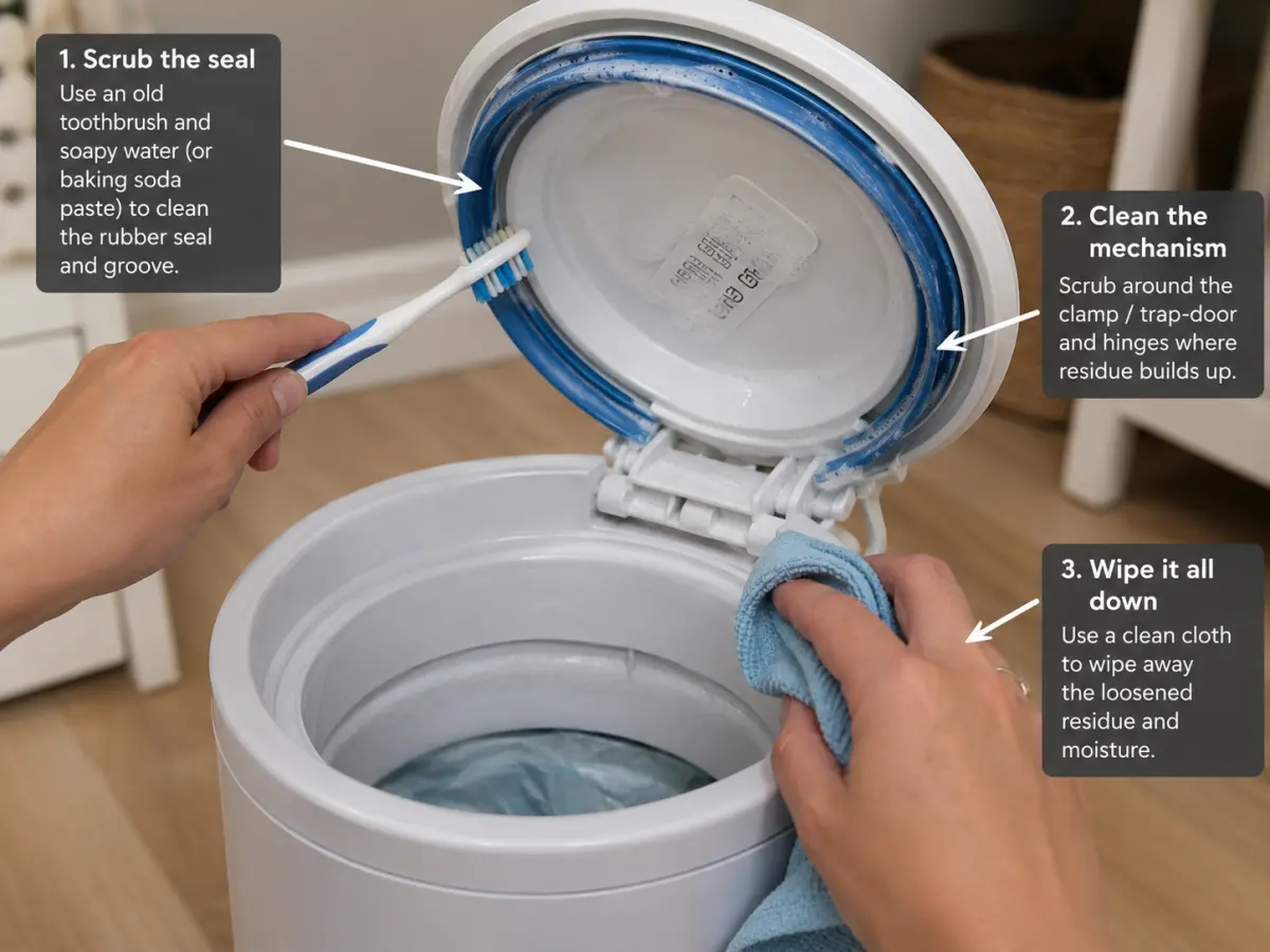 Cleaning the rubber lid seal of a diaper pail with an old toothbrush to reach trapped odor