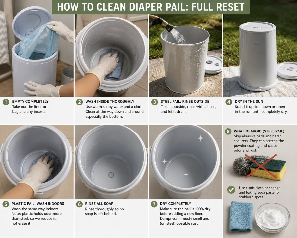 Wiping out the inside of an emptied diaper pail with a soapy cloth during a deep clean