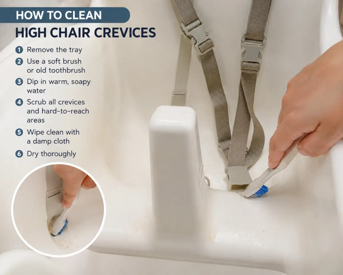 Using an old toothbrush to clean food out of the gaps around a high chair seat