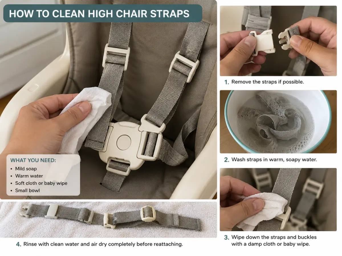 Cleaning a high chair harness buckle with an old toothbrush and soapy water