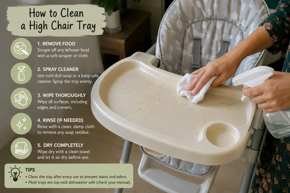 Wiping down a baby high chair tray with a soapy cloth right after a meal