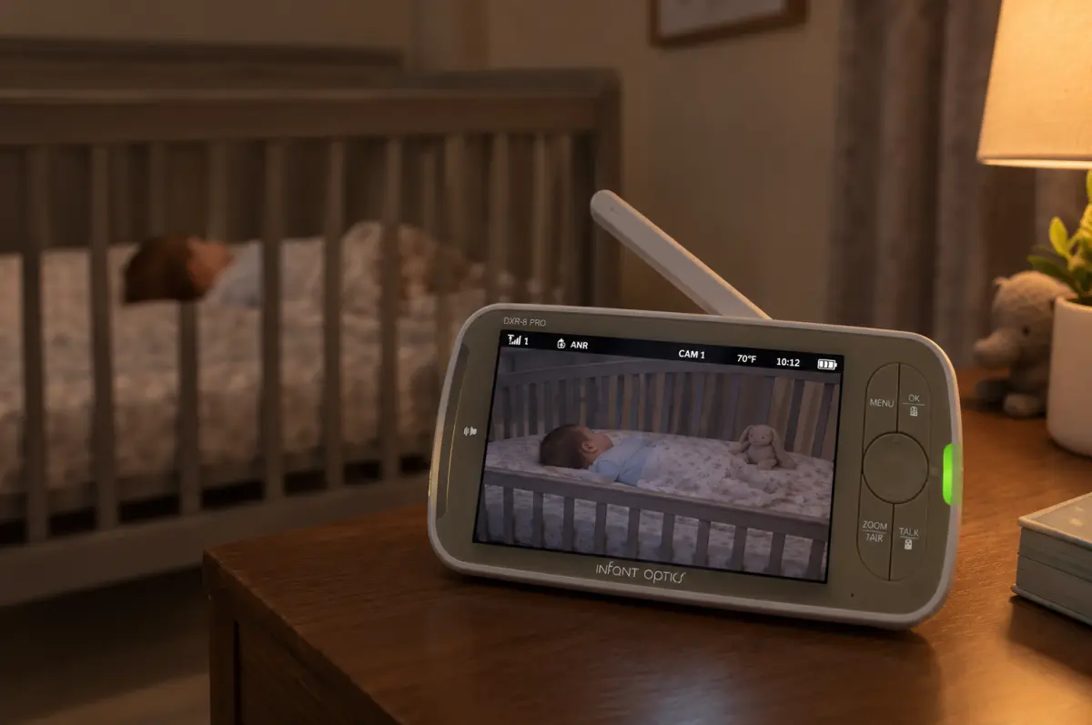 The Infant Optics DXR-8 PRO on the nightstand during a nap, original photo