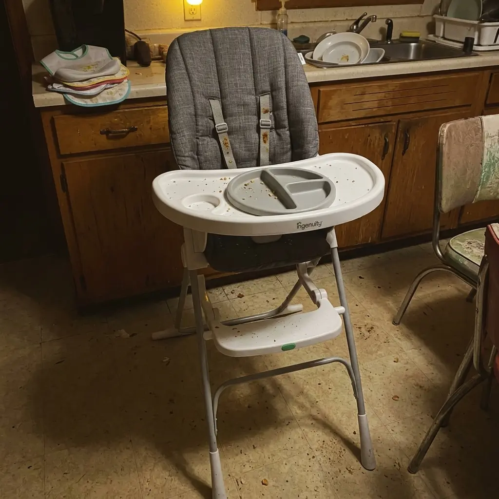 Our ity by Ingenuity Sun Valley high chair in the kitchen after a meal, with its Twist and Dine plate on the tray, original photo