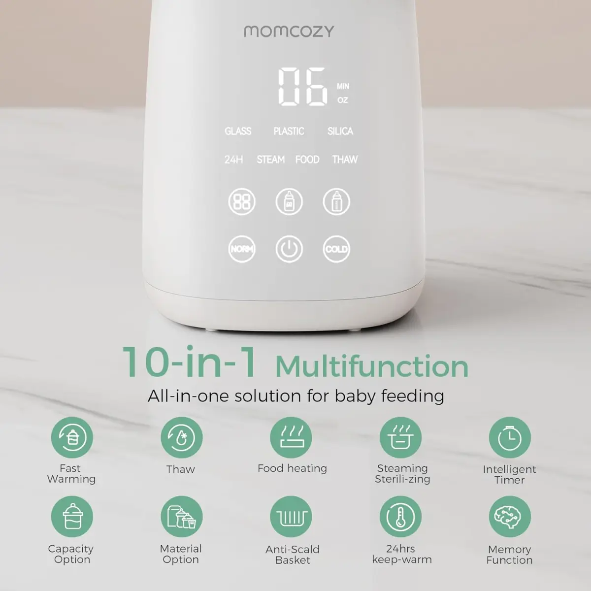The Momcozy bottle warmer control panel, where you set milk type, bottle material and volume