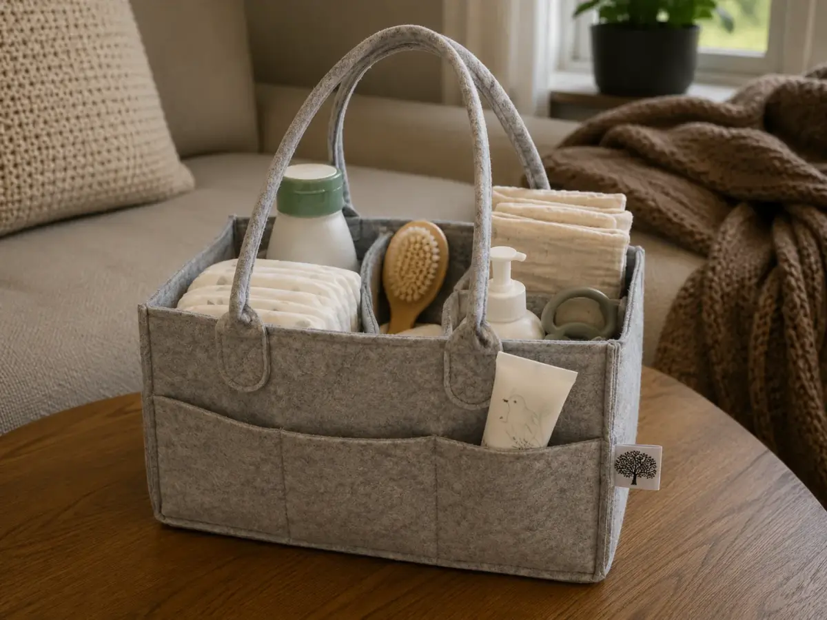 A diaper caddy organized and in use on the changing table, packed to the short grab-and-go list