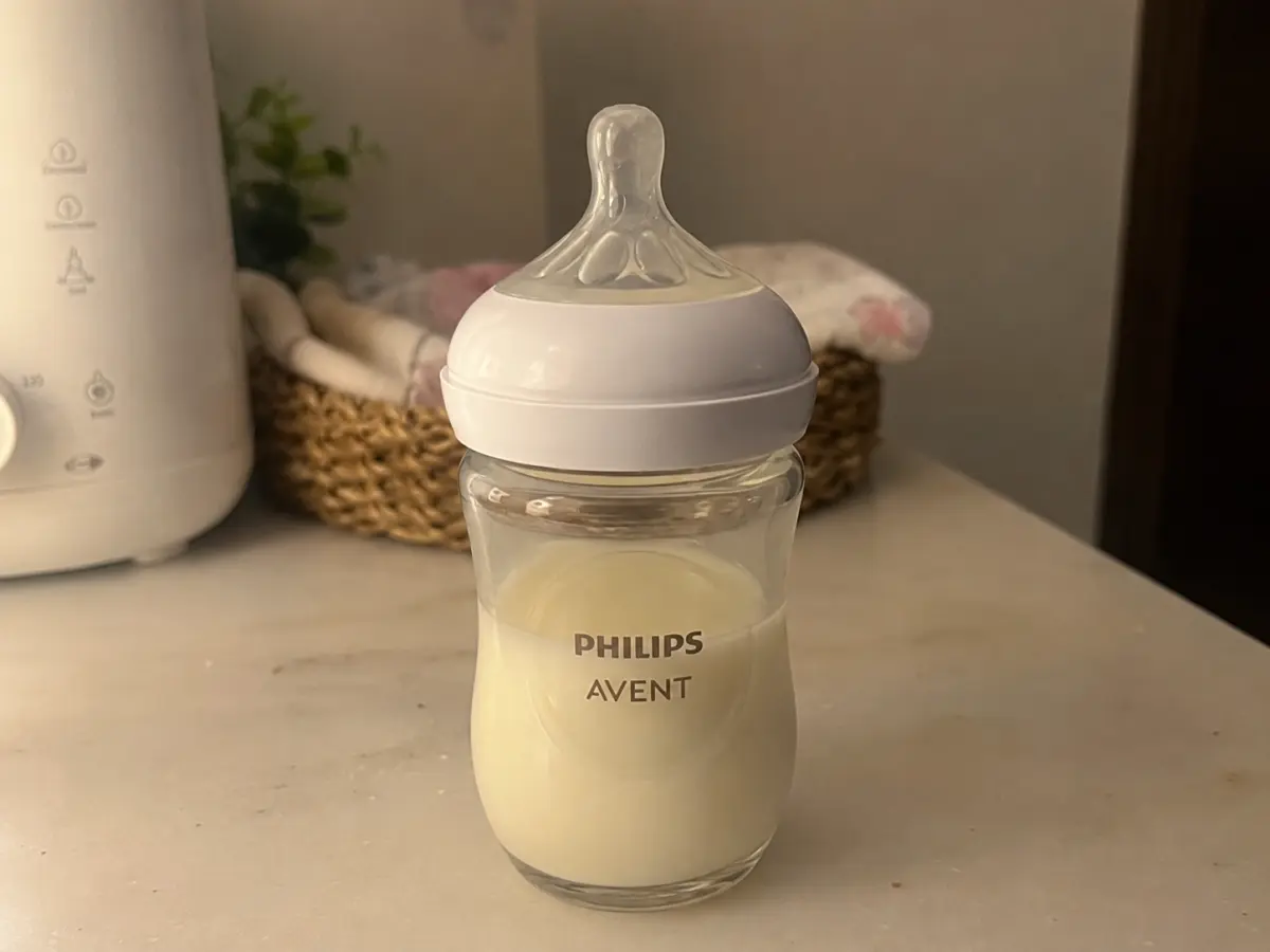 Our Philips Avent Natural Response glass bottle on the counter after a feed, original photo