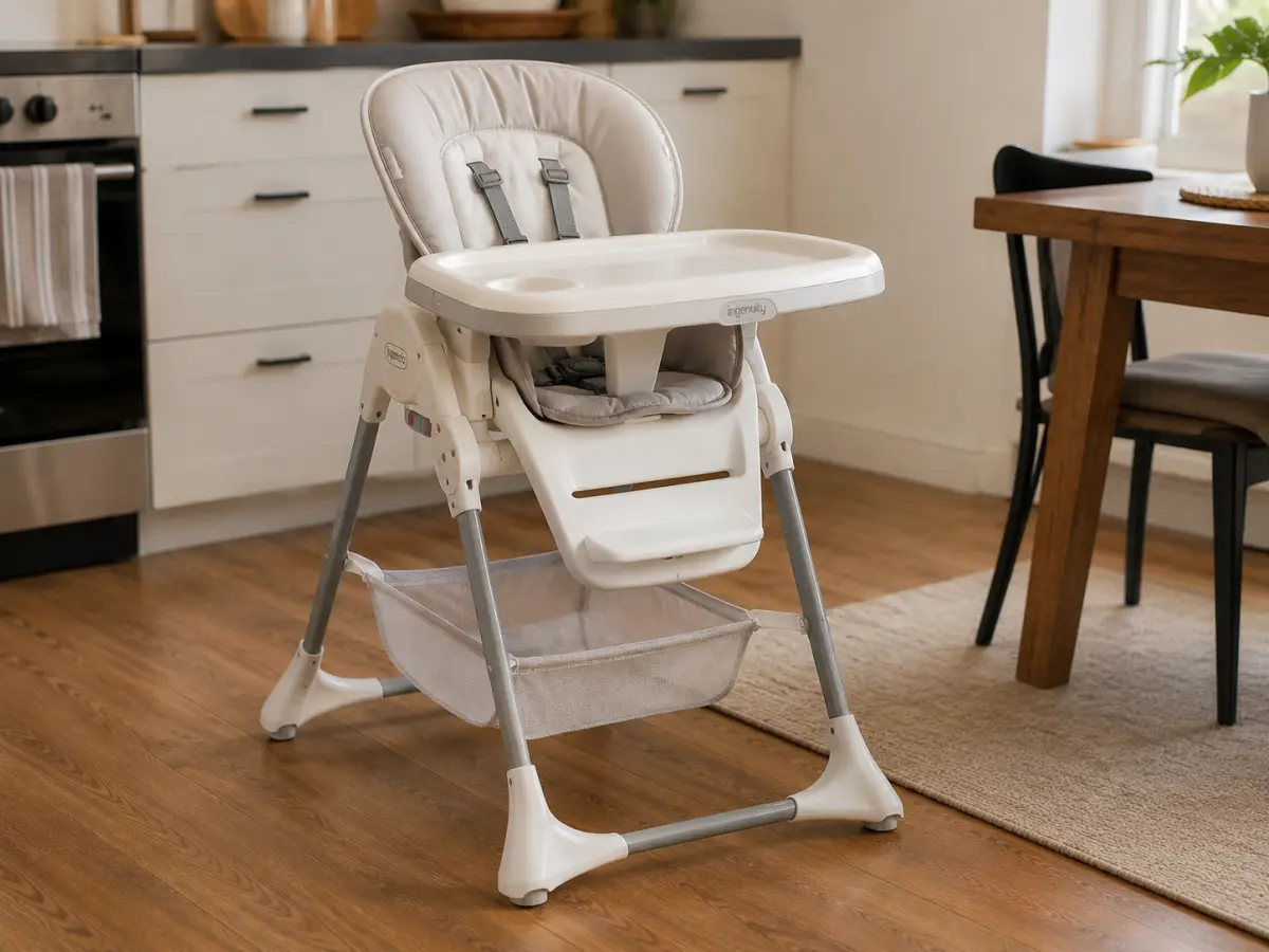 A plastic high chair, the folding style we use every day