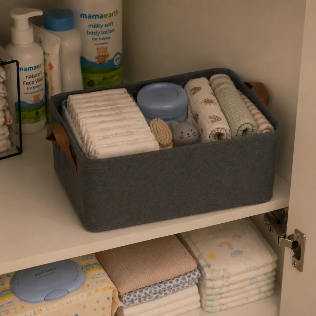 The storage baskets loaded on our closet shelf, original photo