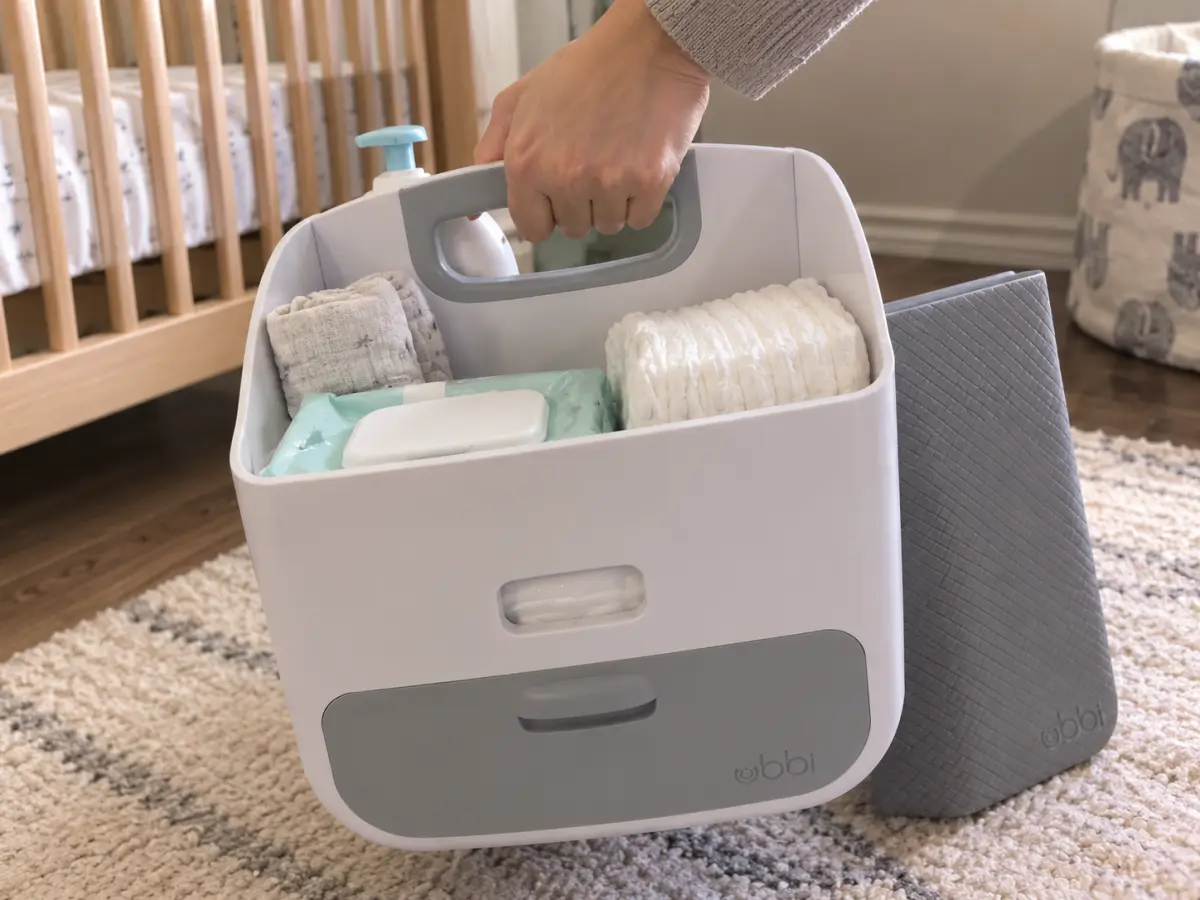 The molded carry handle on the Ubbi diaper caddy, part of the shell rather than stitched on