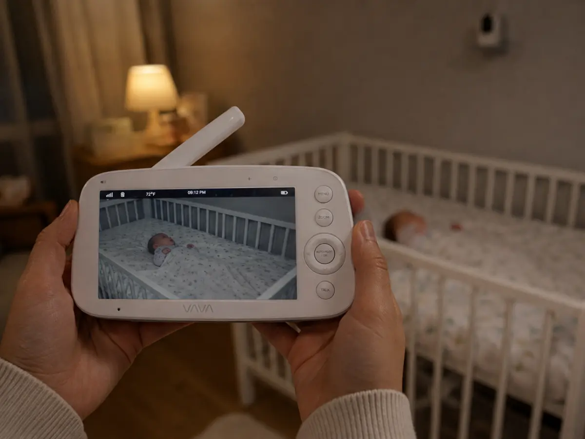 Our VAVA 720P parent unit on the nightstand showing the nursery at night, original photo