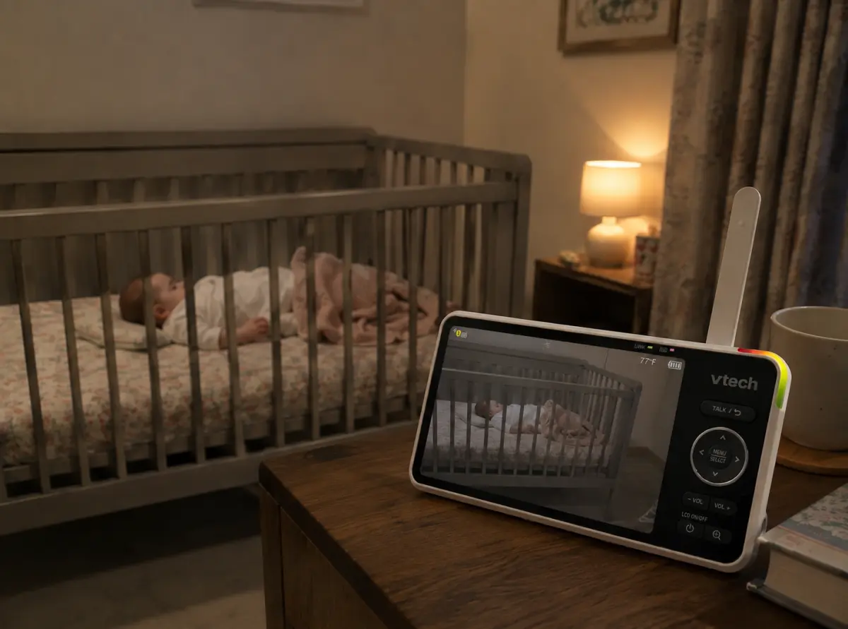 Our VTech parent unit showing both cots on split screen, original photo