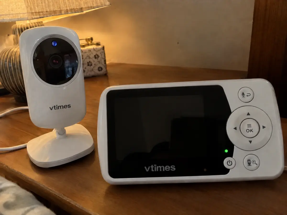 Our VTimes VT31 camera and its 2.4 inch parent unit on a bedside table, original photo