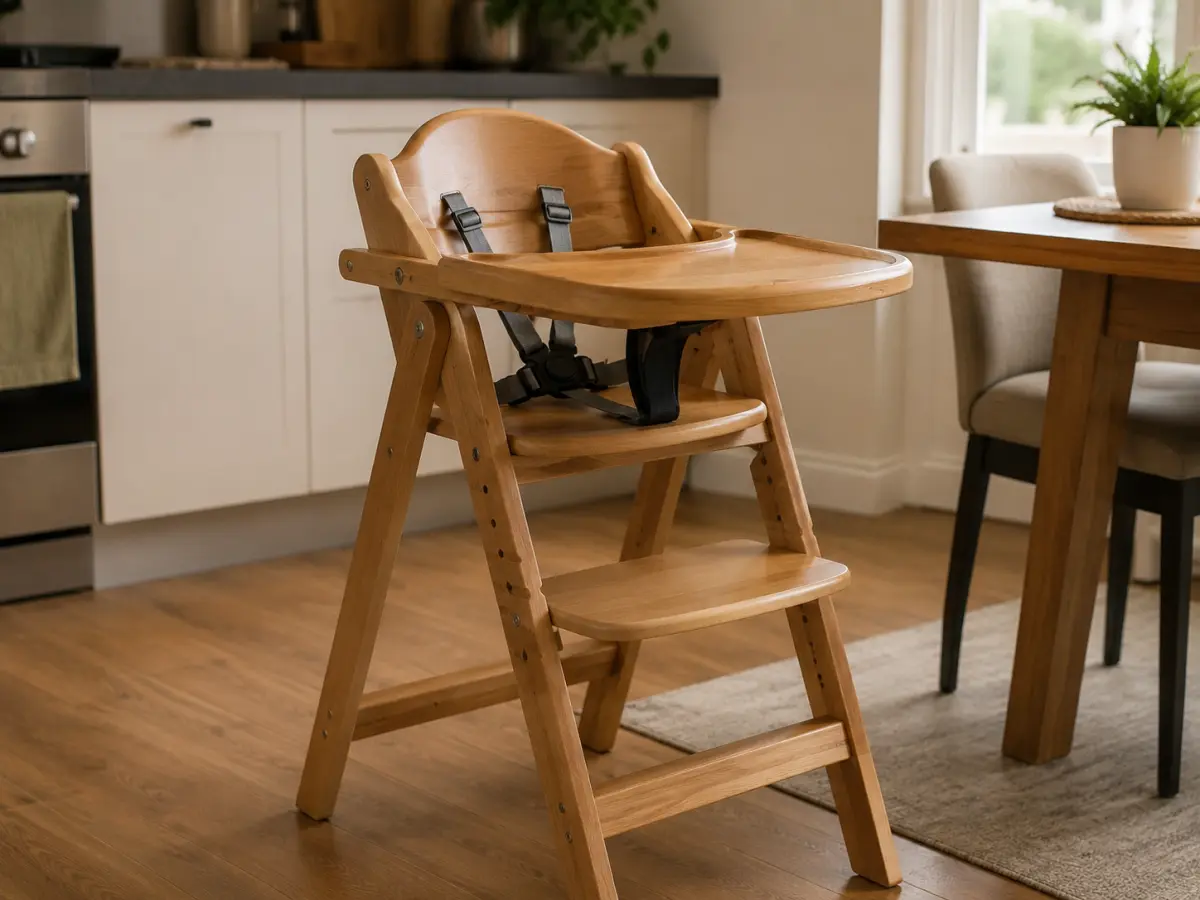 A wooden high chair, the grow-with-child style that lasts for years