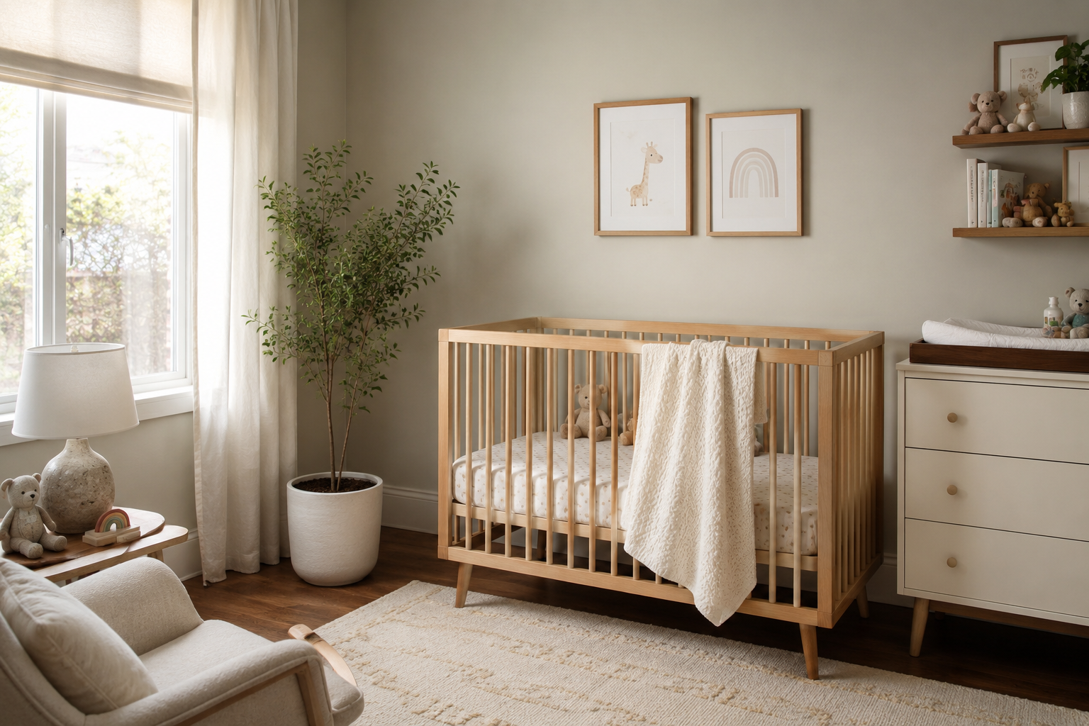 A calm, neutral nursery with a natural-wood crib and soft earthy tones