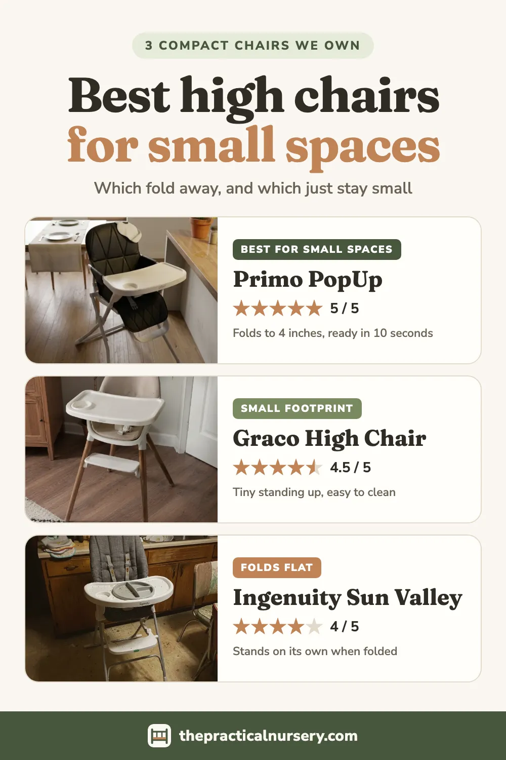 Best high chairs for small spaces: three compact chairs we own, pin this guide on Pinterest