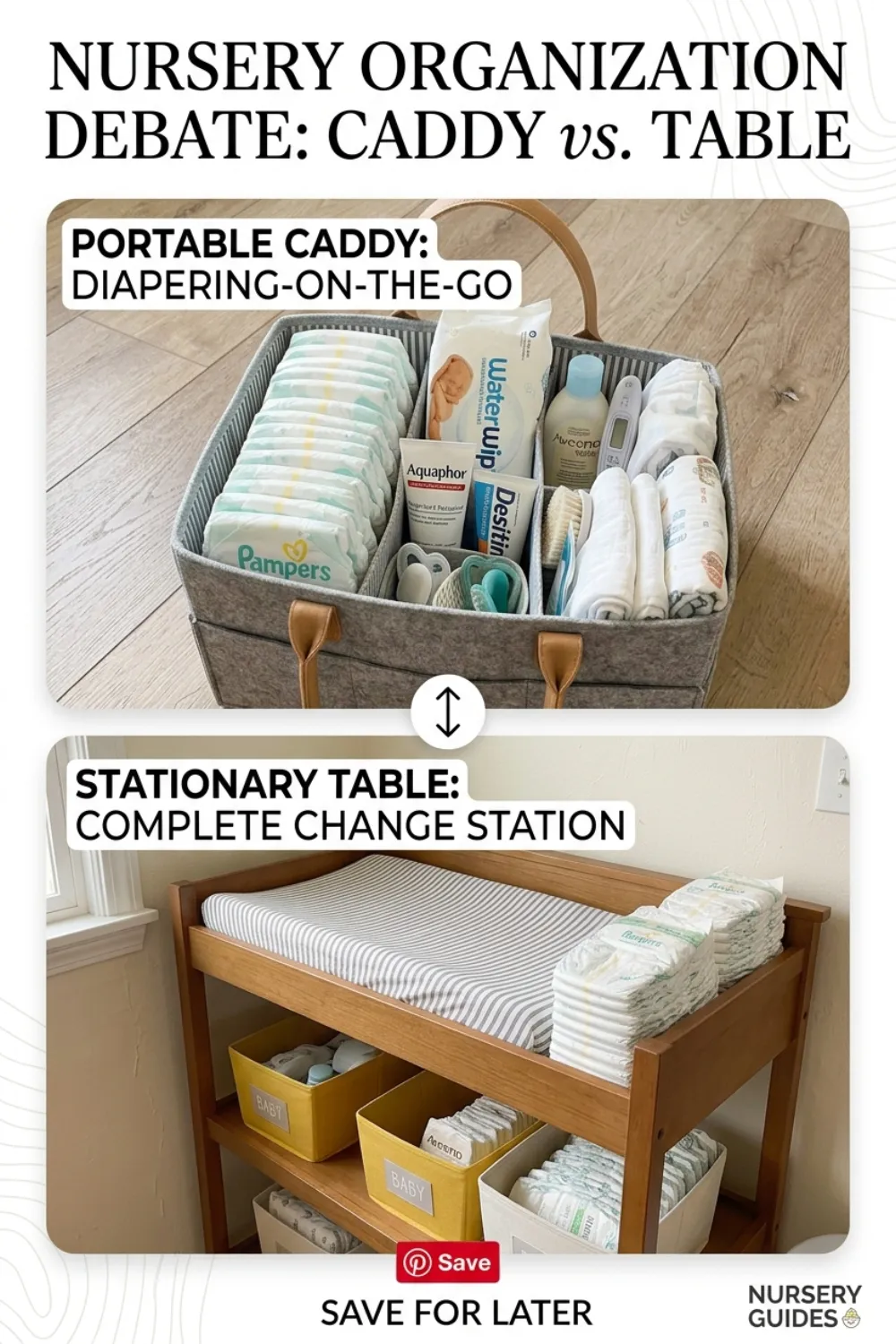 Diaper caddy vs changing table: which do you need?, pin this guide on Pinterest