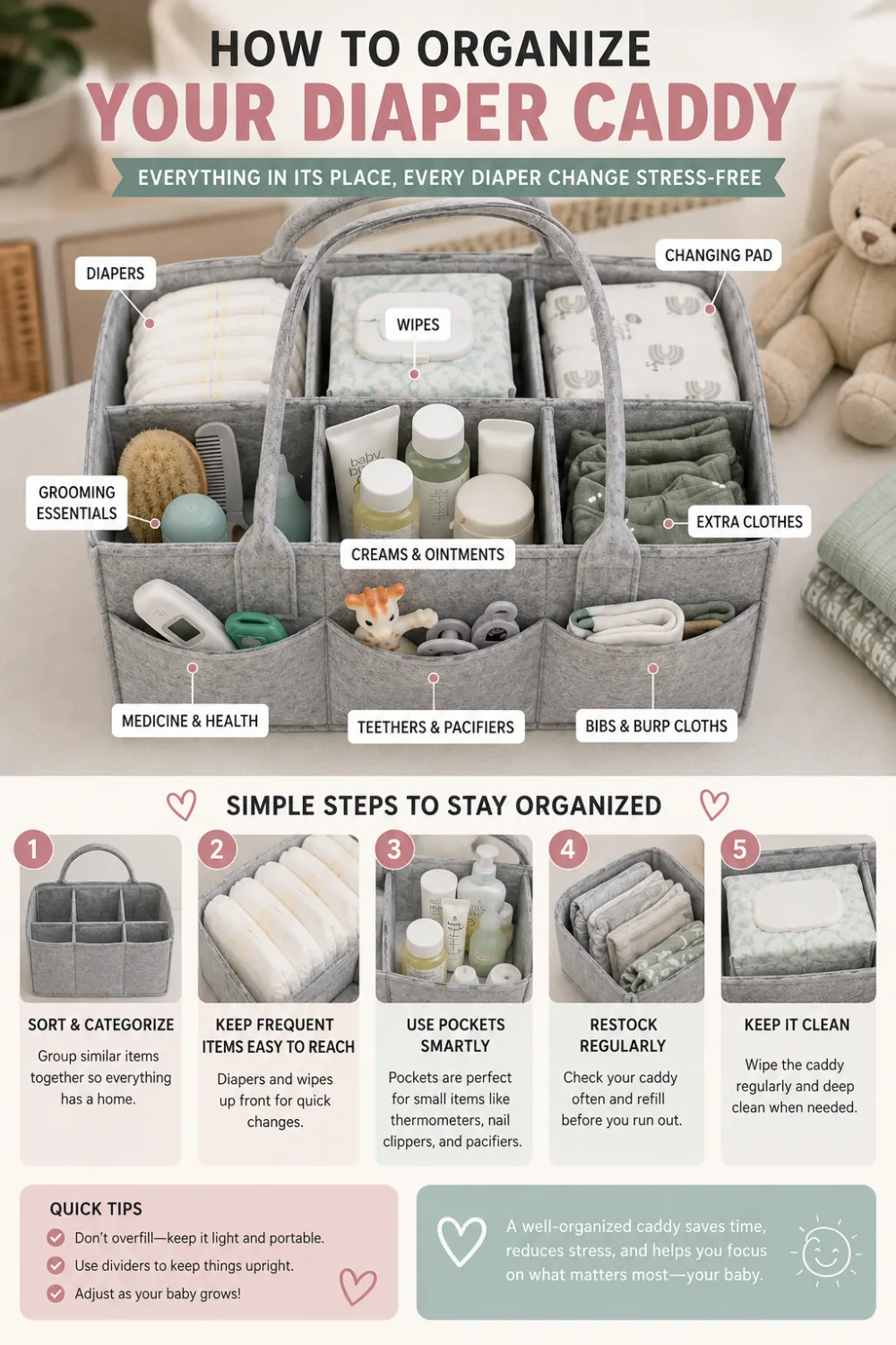 How to organize a diaper caddy, pin this guide on Pinterest