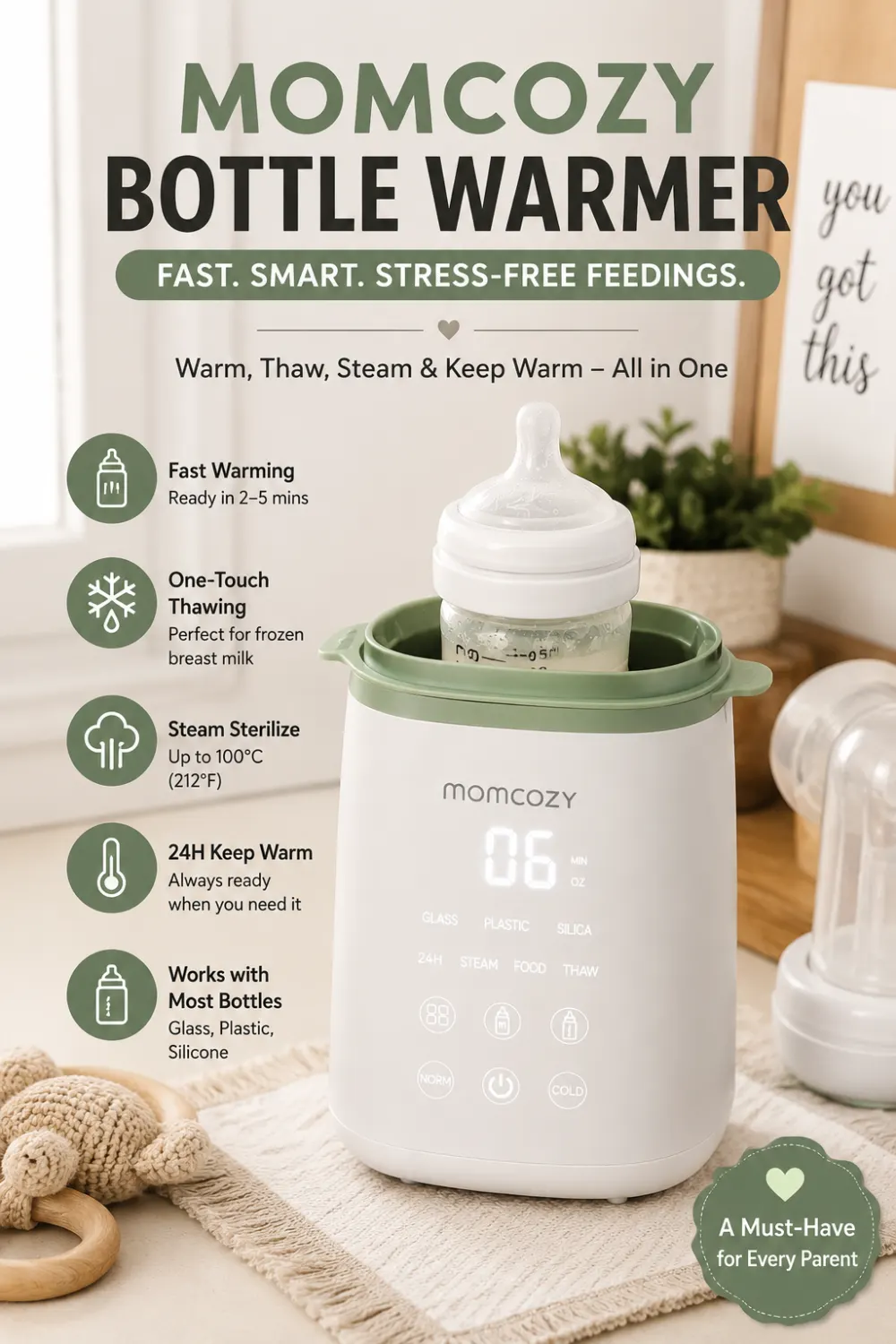 Momcozy baby bottle warmer review, pin this guide on Pinterest