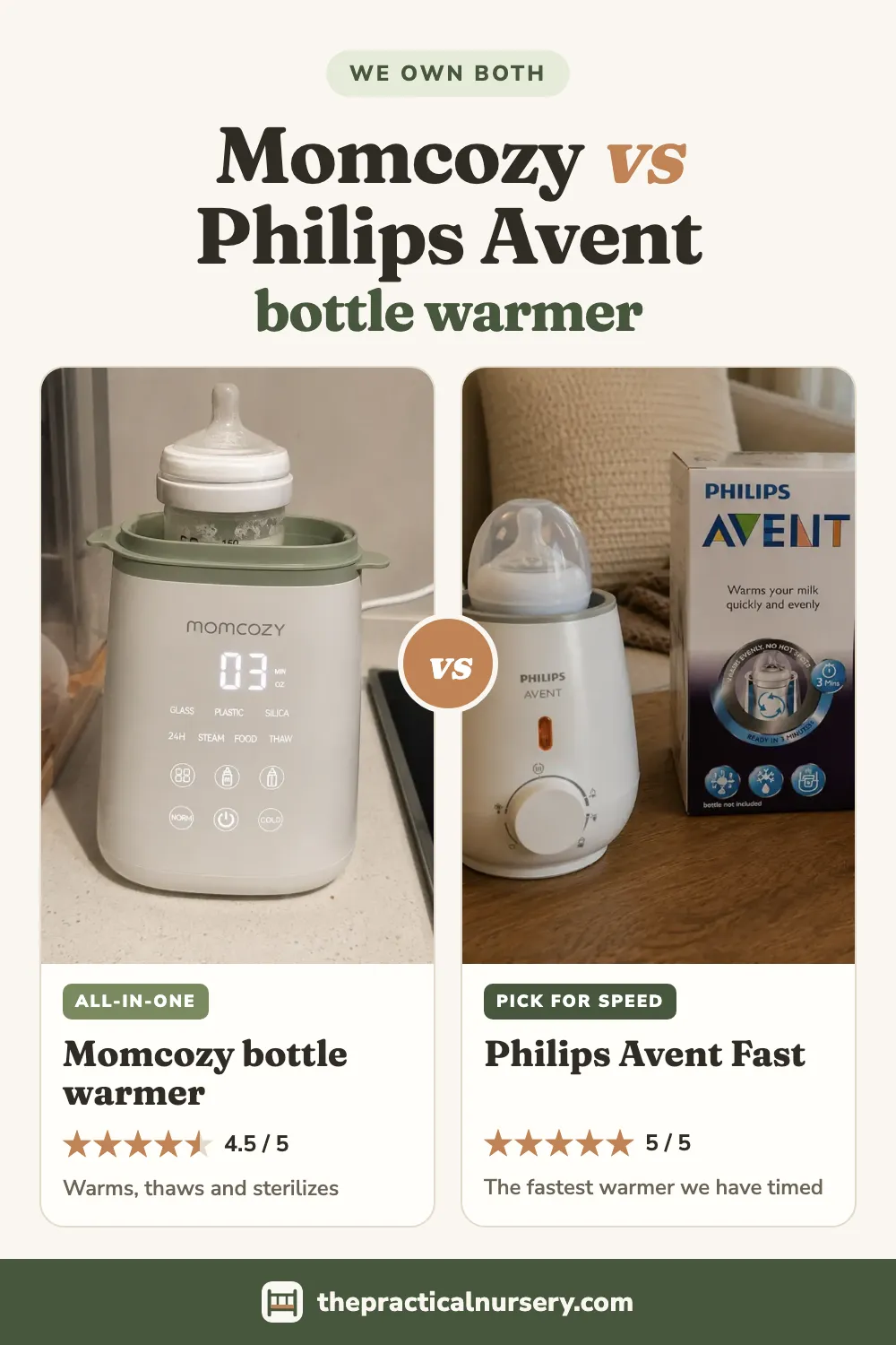 Momcozy vs Philips Avent bottle warmer: which one to buy, pin this guide on Pinterest