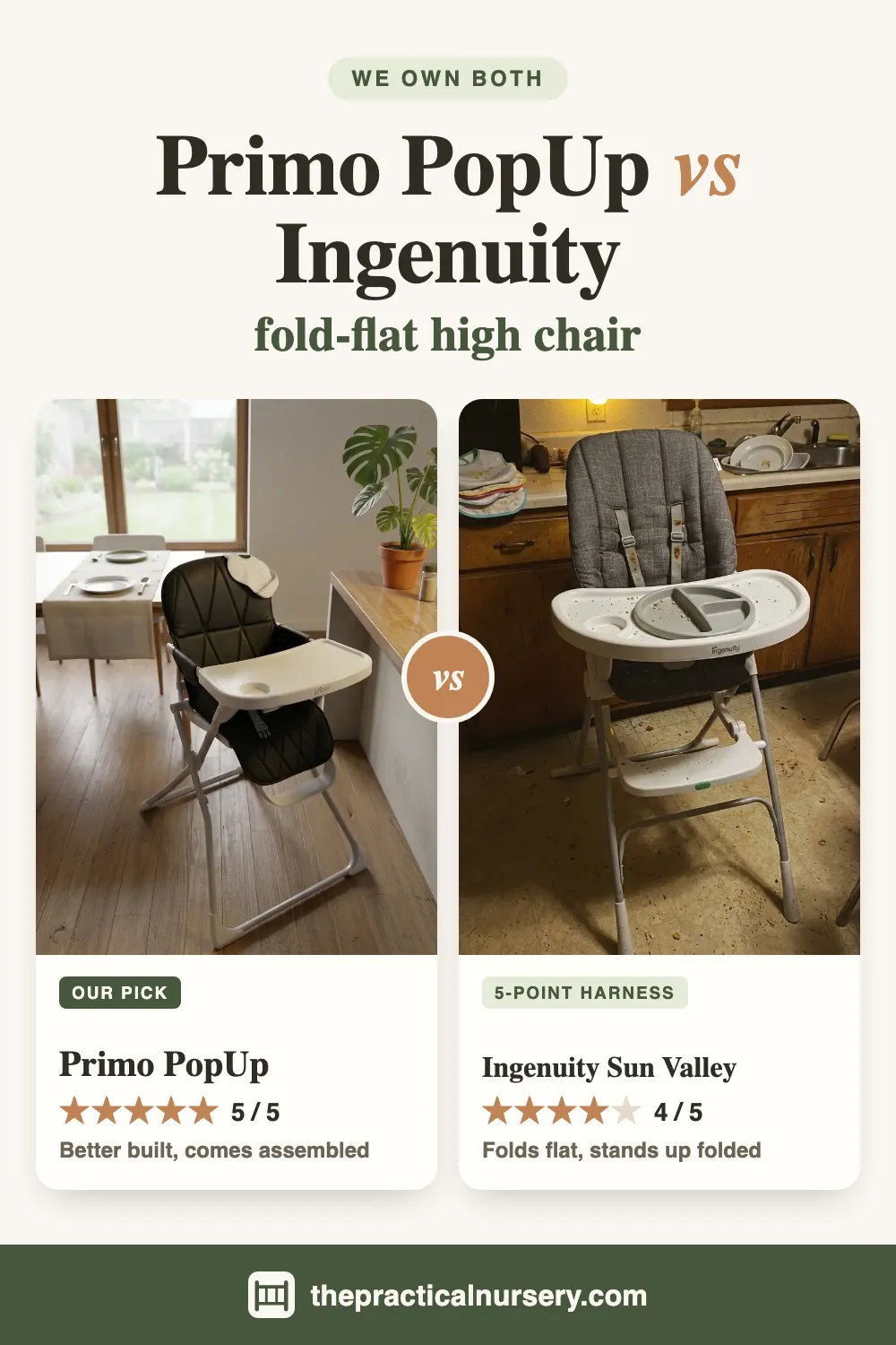 Primo PopUp vs Ingenuity Sun Valley: which fold-flat high chair, pin this guide on Pinterest
