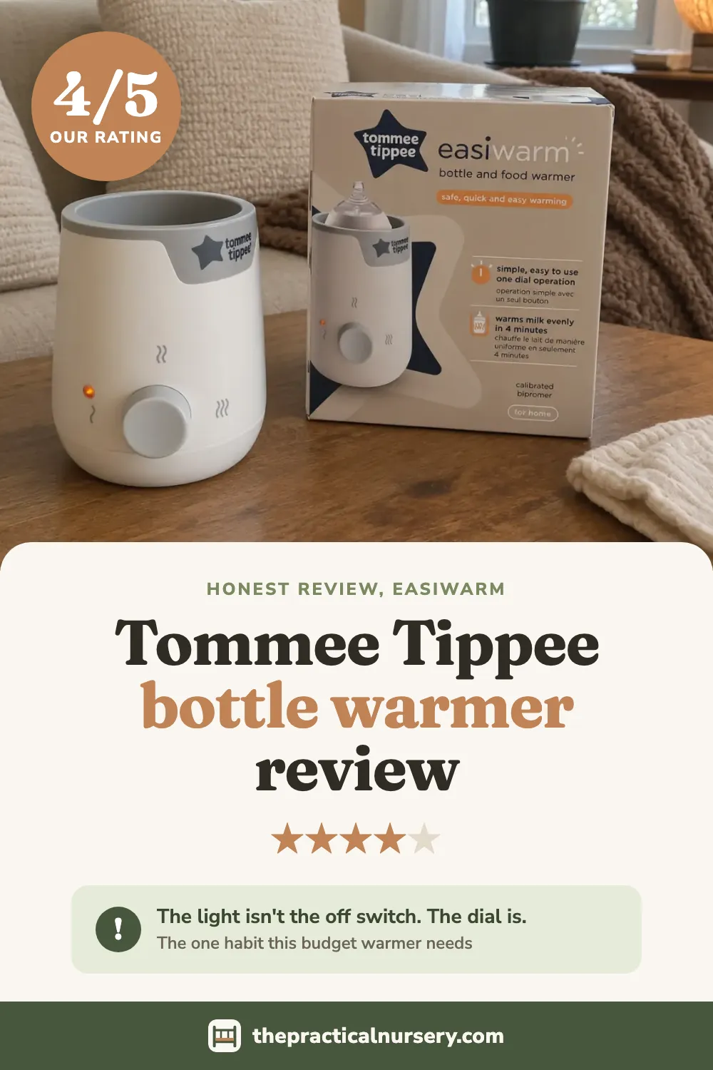 Tommee Tippee bottle warmer review: the Easiwarm, and the dial habit it needs, pin this guide on Pinterest